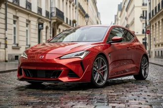 Concept de future 205 GTI 2026 en rouge métallisé sur pavés mouillés urbains, vue trois quarts avant