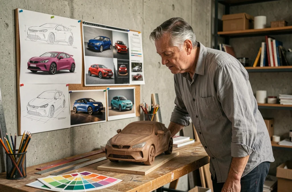 Designer automobile étudiant une maquette de la future 205 GTI 2026 dans un studio de design avec planches techniques