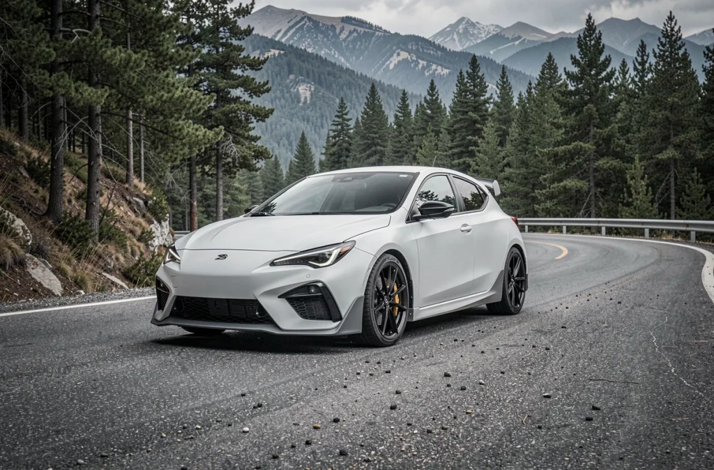 Prototype de la nouvelle 205 GTI 2026 en blanc mat sur route de montagne sinueuse, vue grand angle