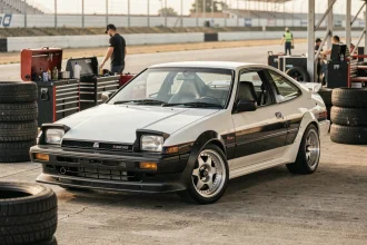 Toyota AE86 Trueno Corolla préparée pour le drift garée dans le paddock d'un circuit automobile
