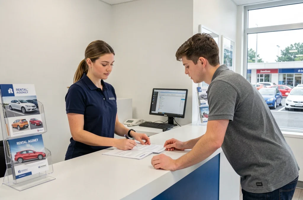 Employée d'agence de location expliquant un contrat de voiture sans permis à un client à Amiens