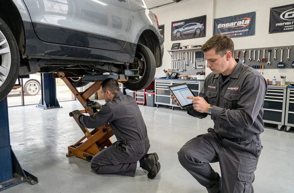 Deux techniciens effectuant des opérations de maintenance multi-services sur un véhicule dans l'atelier Alt Services