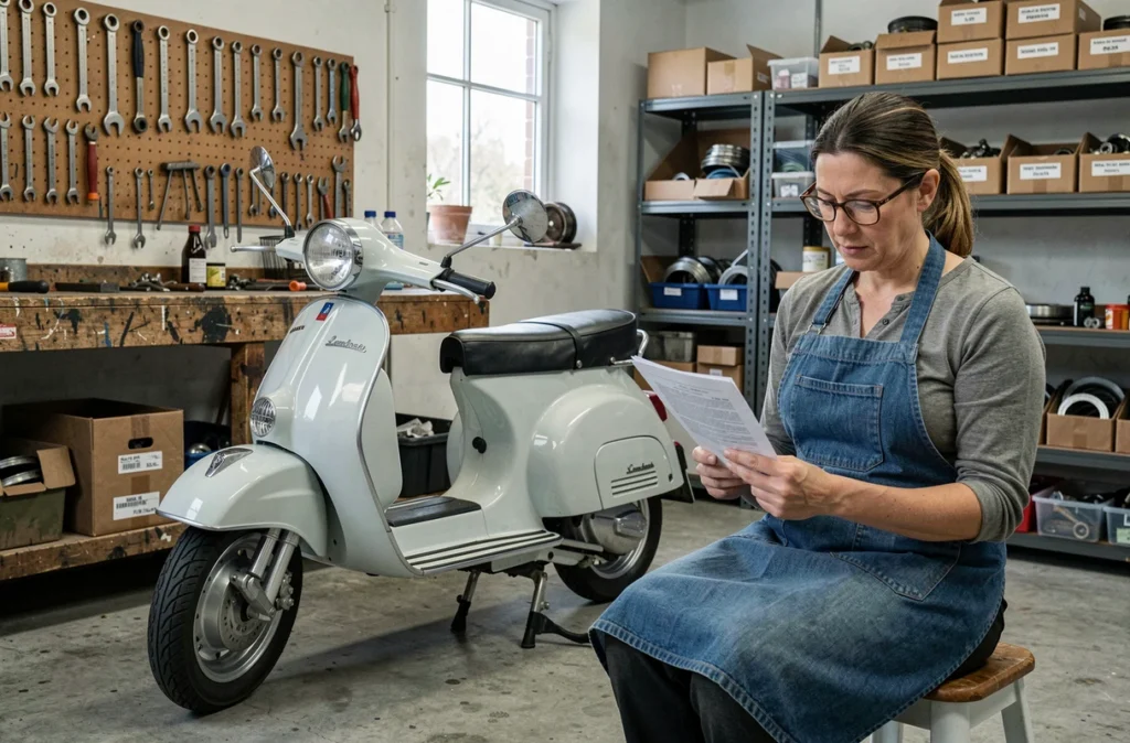 Femme consulte un document d'assurance pour son scooter Lambretta de collection dans un garage atelier