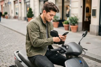 Jeune homme souscrivant une assurance scooter temporaire en ligne sur smartphone en ville