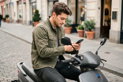 Jeune homme souscrivant une assurance scooter temporaire en ligne sur smartphone en ville