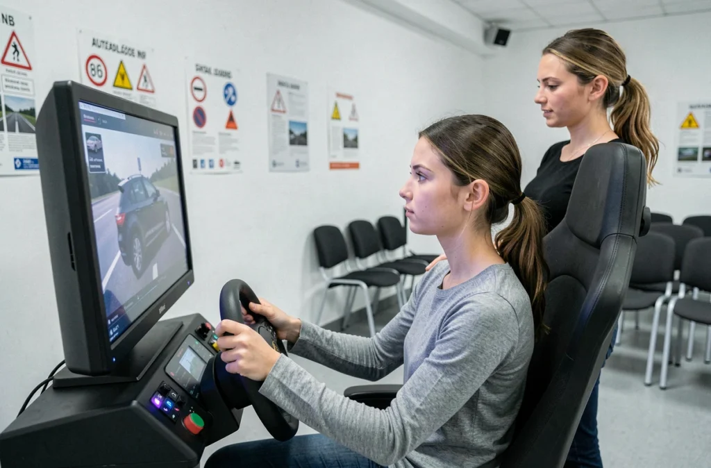 Une élève utilisant un simulateur de conduite à l'Auto-Ecole Ligne de Conduite à Dijon