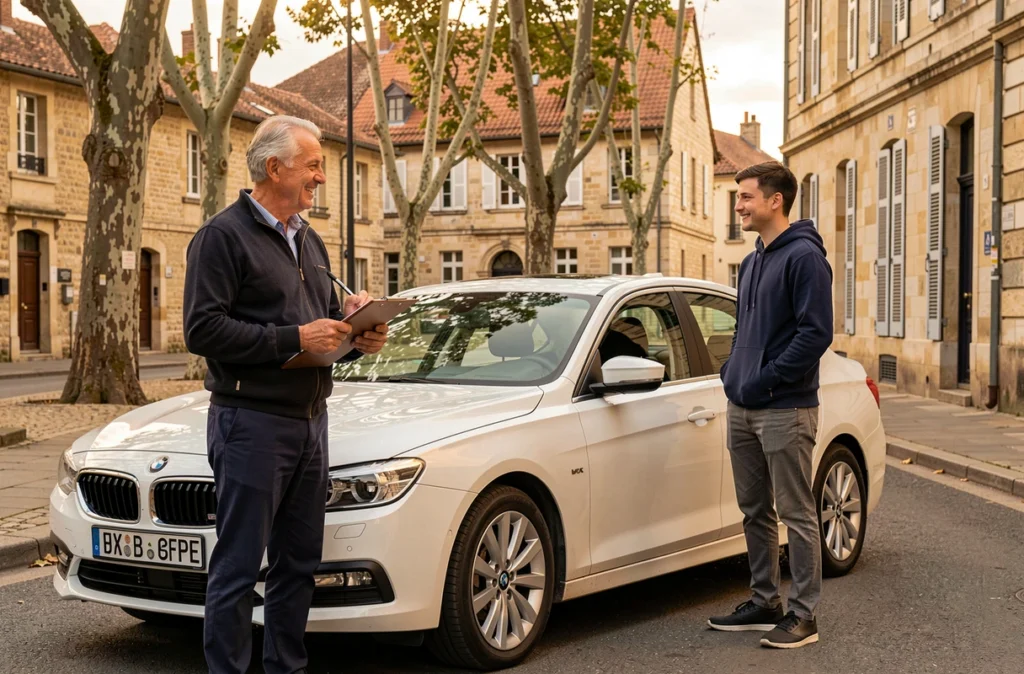 Un moniteur de l'Auto-Ecole Notre Dame avec un élève devant leur véhicule à Dijon