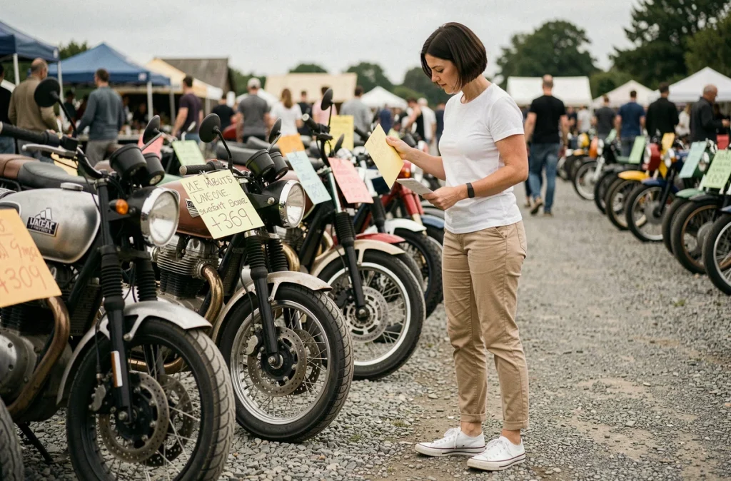 Femme examinant des motos cafe racer d'occasion lors d'une bourse moto en plein air avec étiquettes de prix artisanales