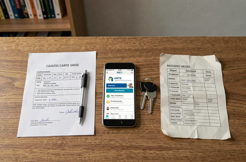 Vue de dessus d'une carte grise, d'un smartphone avec le site de l'ANTS et de clés de maison sur un bureau en bois