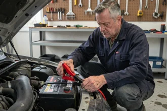 Homme connectant un chargeur de batterie intelligent à une voiture dans un garage résidentiel