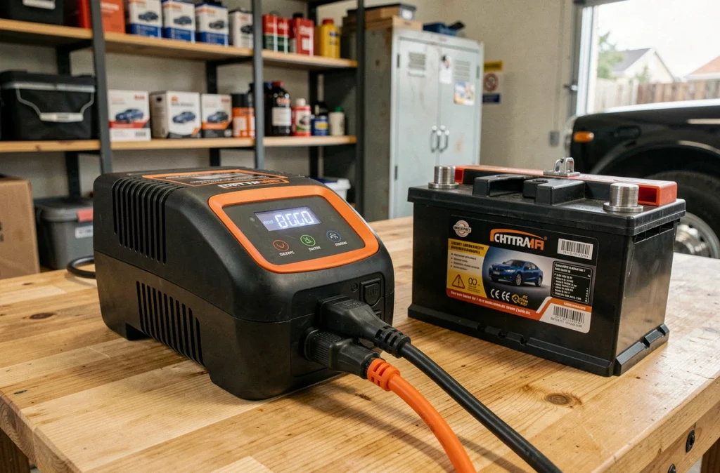 Chargeur de batterie intelligent posé sur un établi à côté d'une batterie de voiture déconnectée