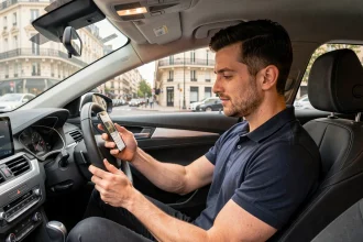 Chauffeur VTC masculin consultant l'application Mober sur son smartphone dans sa voiture à Paris