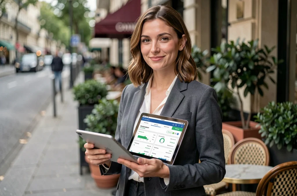 Femme indépendante consultant les tarifs et conditions de la plateforme Mober sur une tablette à Paris