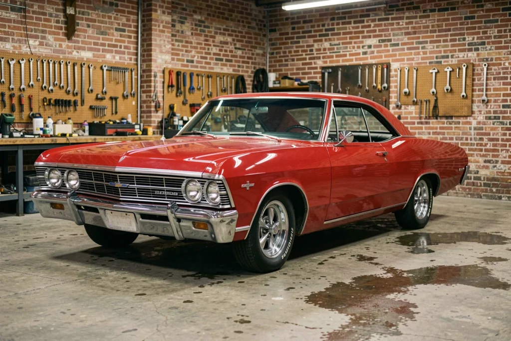 Chevrolet Impala 1967 2 portes hardtop rouge dans un garage américain vintage