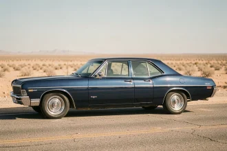 Chevrolet Impala 1967 4 portes bleue de profil sur route désertique américaine