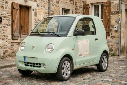 Citroën Ami d'occasion garée dans une rue pavée d'un village français, carrosserie vert pâle légèrement usée