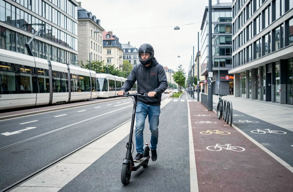Un élève de City'Zen en scooter électrique sur un boulevard de Besançon