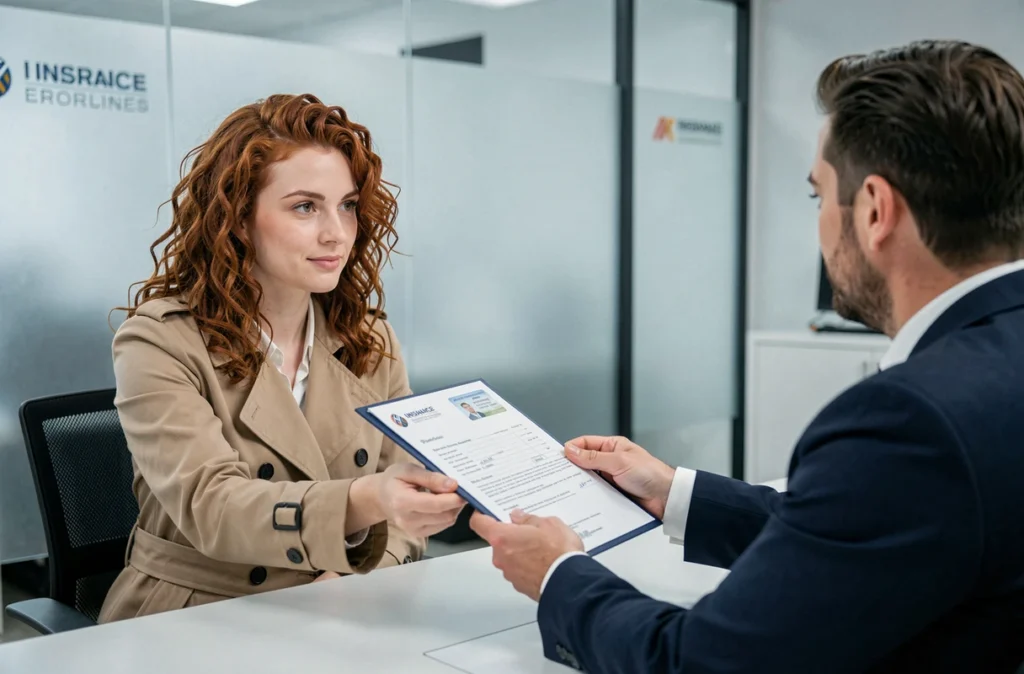 Cliente remettant ses documents d'assurance à un conseiller dans une agence pour changer de contrat auto