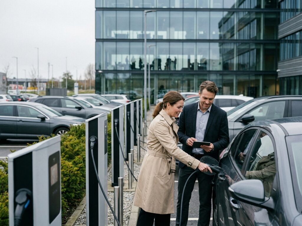 Deux collègues examinent ensemble une borne de recharge pour voitures électriques dans le parking extérieur de leur entreprise
