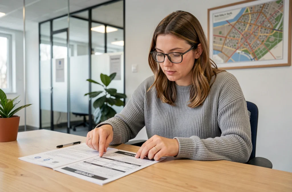 Femme comparant des devis d'assurance moto dans une agence d'assurance à Metz