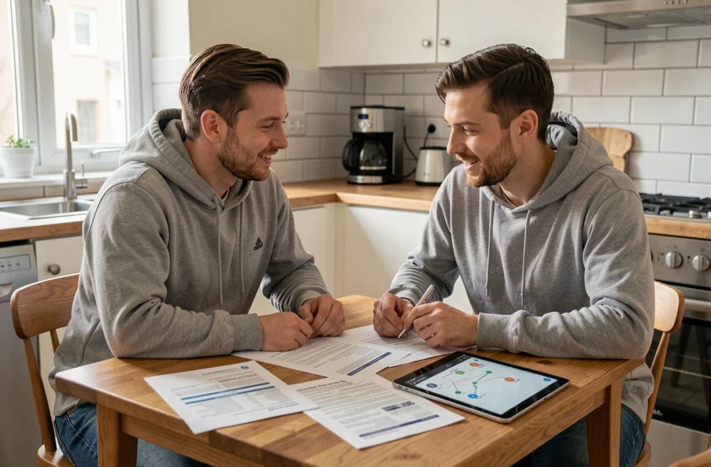 Couple comparant des devis d'assurance quad sur une table de cuisine avec une tablette et des documents imprimés