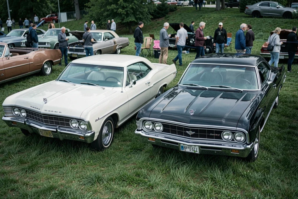 Comparaison Chevrolet Impala 1967 4 portes et 2 portes côte à côte lors d'un salon de voitures anciennes