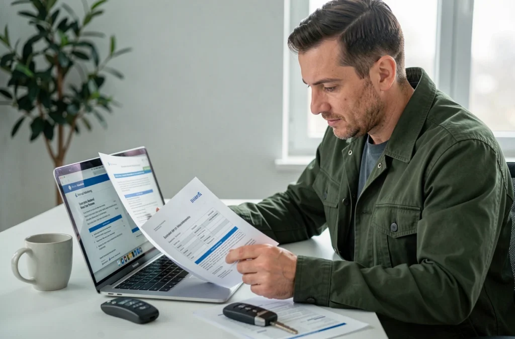 Homme comparant des offres d'assurance moto sur ordinateur pour changer de contrat via la loi Hamon