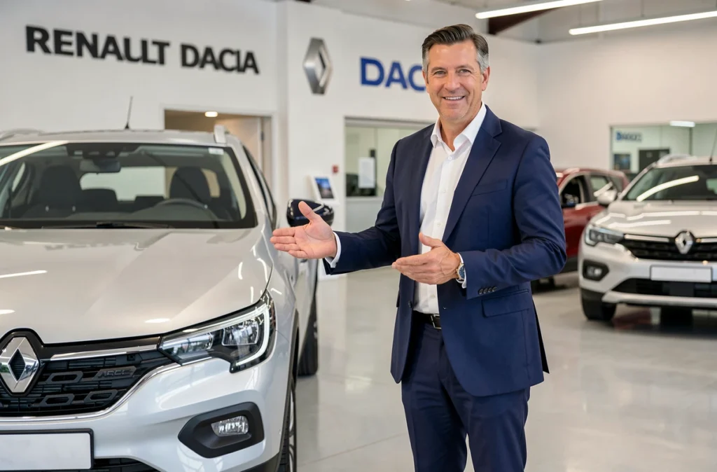 Conseiller commercial devant des véhicules Renault et Dacia dans la concession PPDA-Renault Pau Dacia