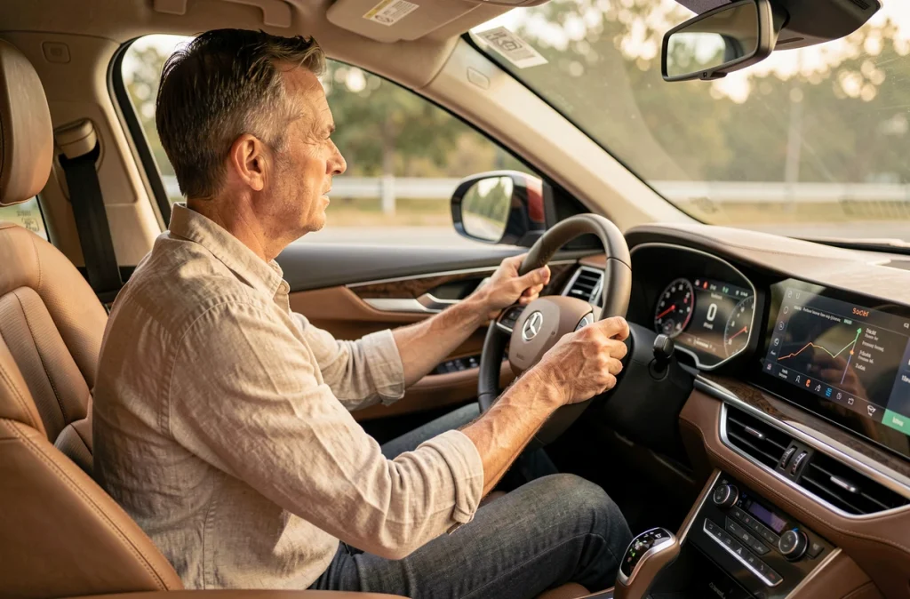 Conducteur masculin dans l'habitacle d'un SUV premium inspiré de la Peugeot 5008 avec écran tactile et volant plat