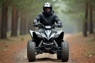 Homme adulte en équipement de sécurité assis sur un quad de moyenne cylindrée sur un chemin de terre en forêt