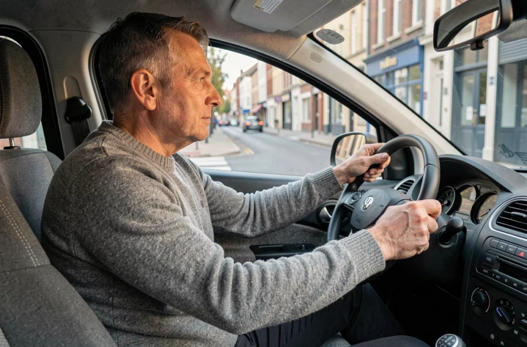 Homme conduisant une voiture sans permis dans les rues d'Amiens, vue intérieure