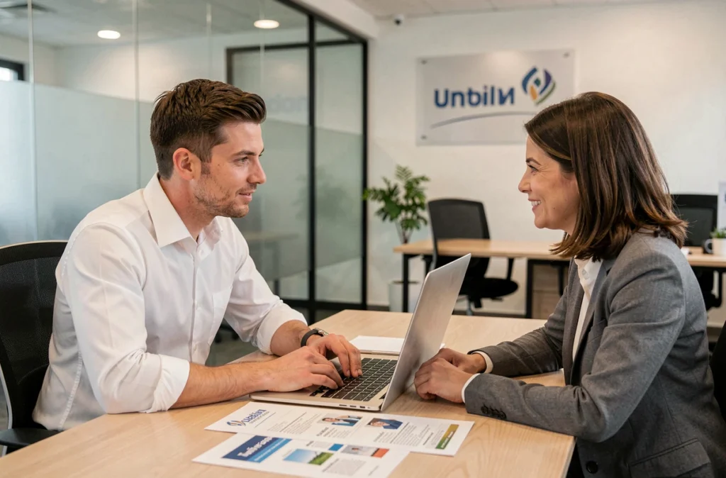 Conseiller en assurance auto expliquant un contrat ACM à une cliente en agence