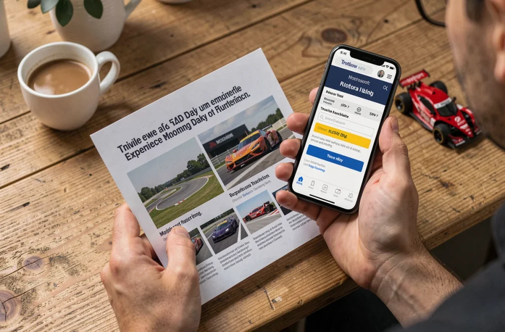 Personne consultant les tarifs d'un stage de pilotage en ligne sur smartphone avec brochure
