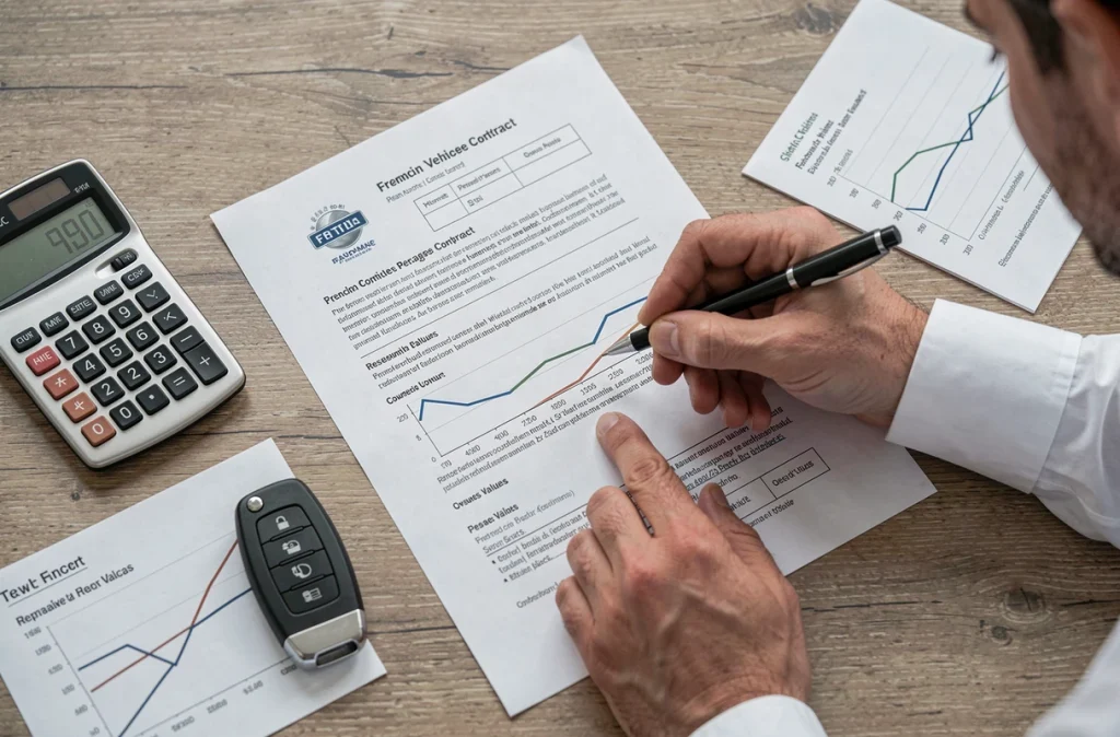 Contrat d'achat automobile, calculatrice et clé de voiture sur un bureau en bois illustrant le coût réel d'un véhicule populaire