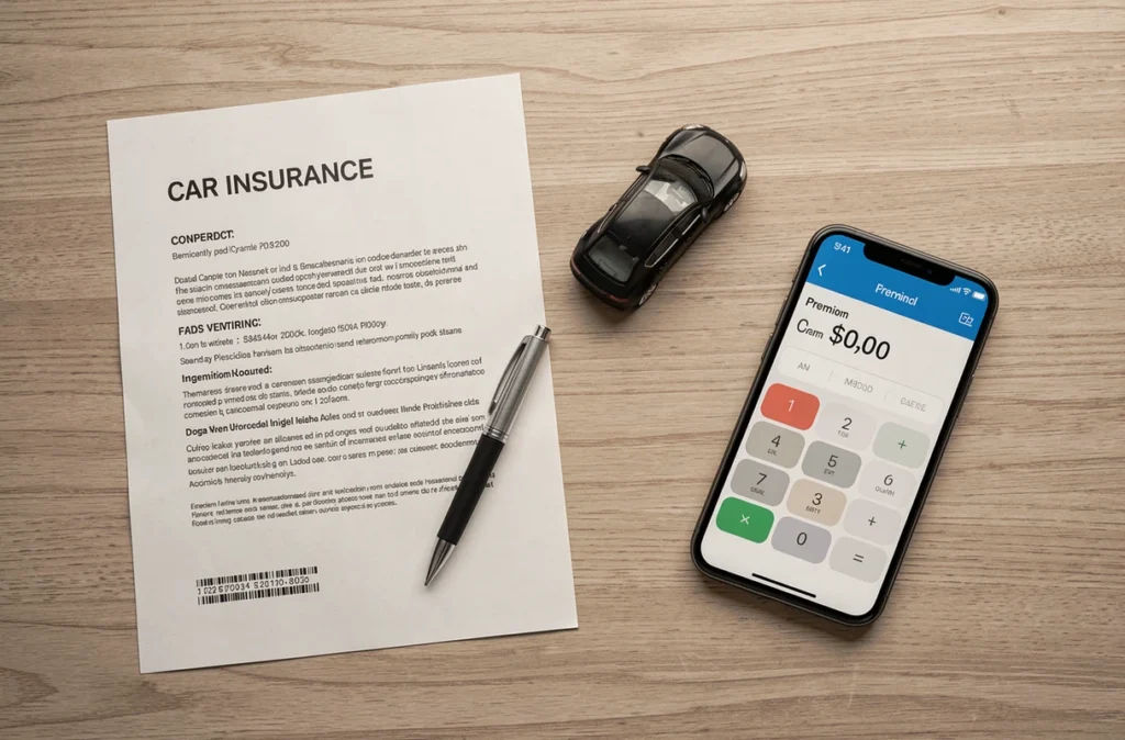 Vue de dessus d'un bureau avec un contrat d'assurance automobile, un stylo, une miniature de voiture et une calculatrice