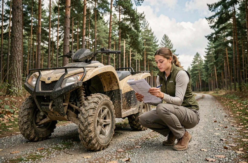 Femme lisant un contrat d'assurance quad à côté de son véhicule tout-terrain en forêt