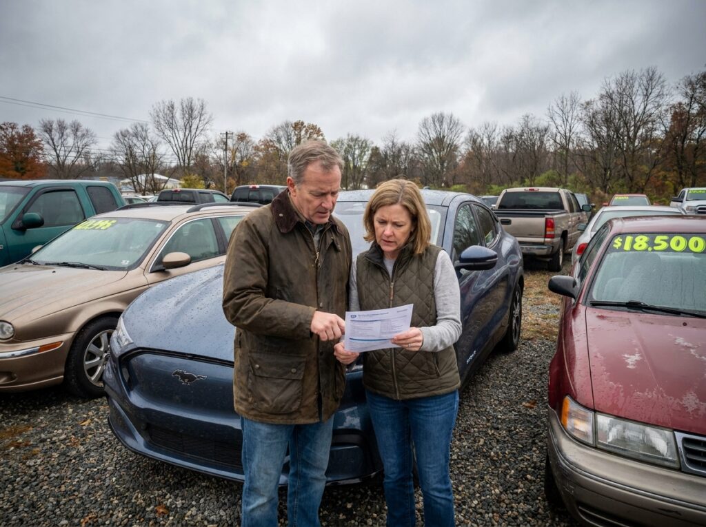 Couple examinant le rapport d'historique d'une voiture électrique d'occasion dans un parc automobile