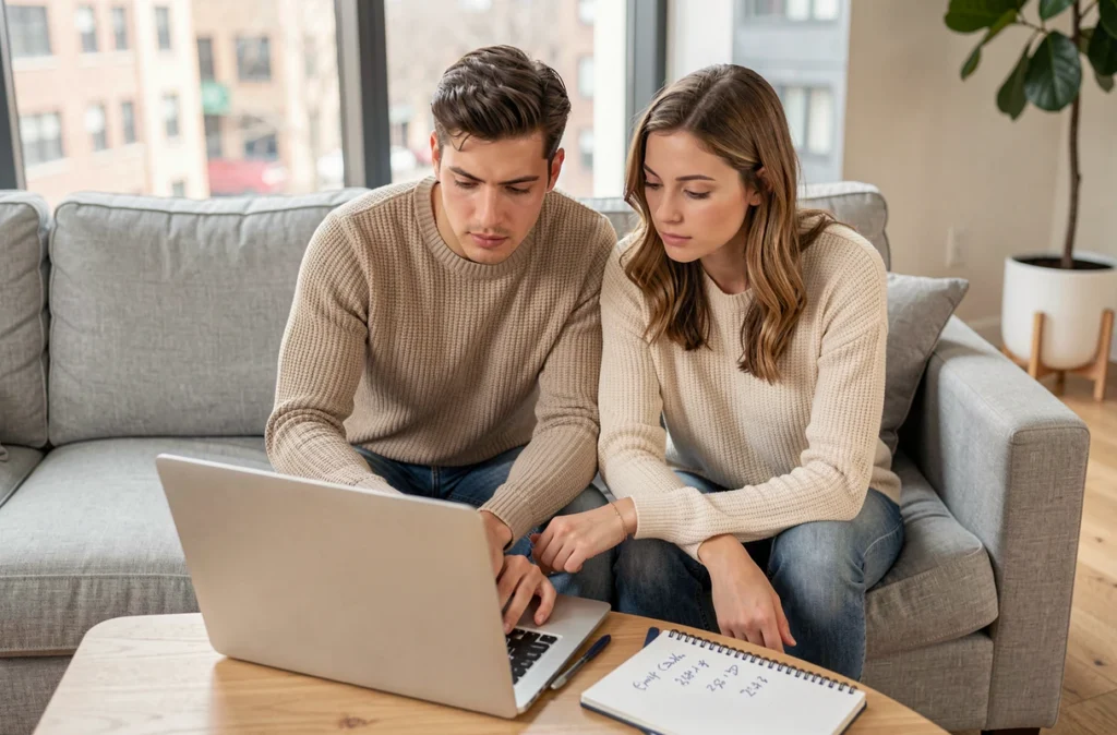 Couple assis sur un canapé comparant des offres d'assurance voiture sur un ordinateur portable avec des notes manuscrites