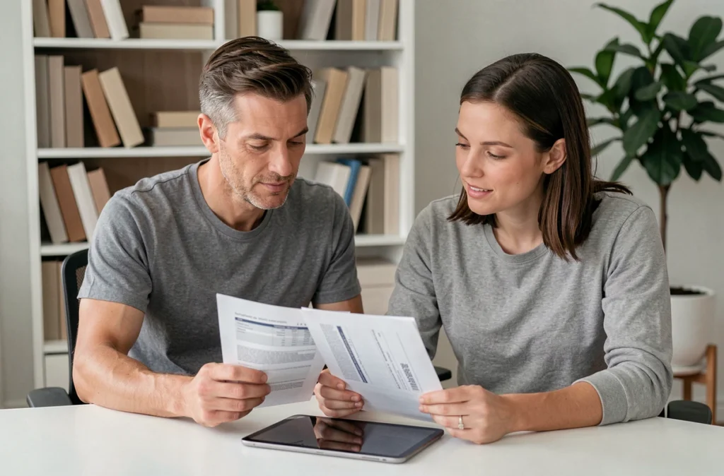 Couple comparant des devis d'assurance automobile imprimés et sur tablette dans un bureau à domicile