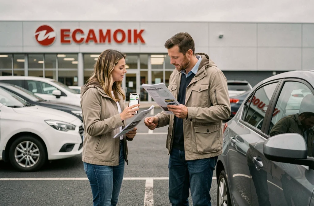 Couple français comparant deux modèles de voitures dans un parking de centre automobile avec brochures et smartphone