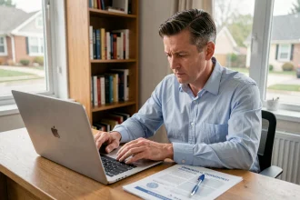 Homme déclarant la cession de son véhicule en ligne sur un ordinateur portable avec des documents administratifs posés sur un bureau en bois