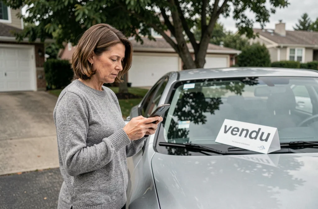 Femme effectuant la déclaration de vente de son véhicule depuis son smartphone dans une allée résidentielle devant la voiture vendue