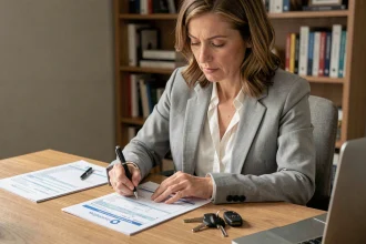 Femme remplissant un formulaire de demande de duplicata de carte grise à son bureau avec des documents administratifs et des clés de voiture
