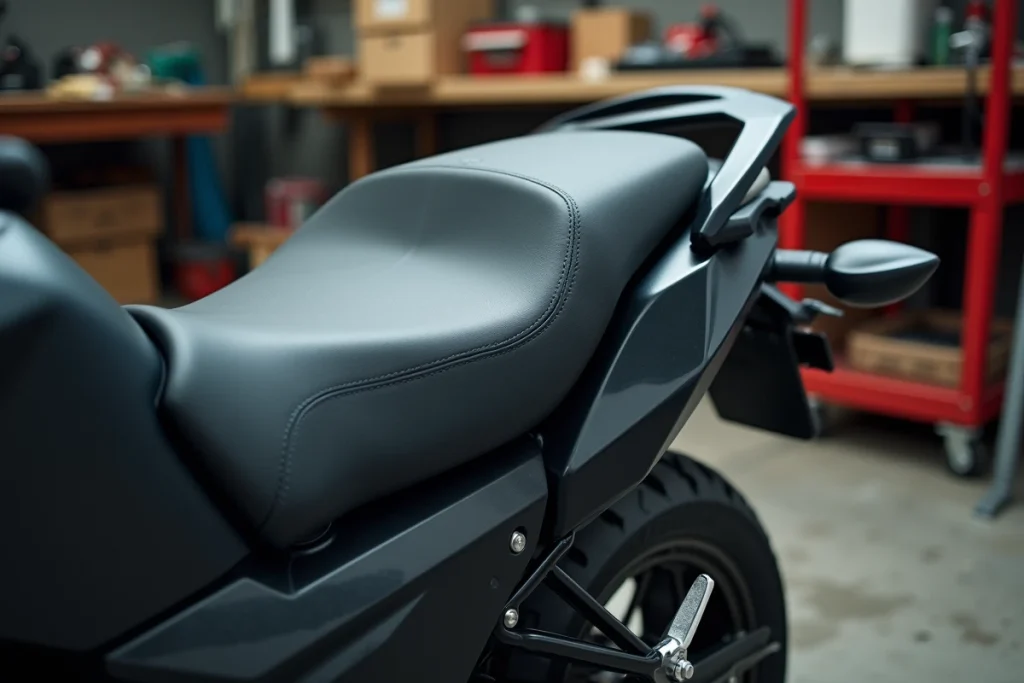 Détail du siège et du pare-brise réglable de la Honda CB 500X dans un atelier moto