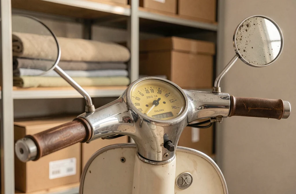 Gros plan sur le tableau de bord et guidon d'un scooter vintage des années 60 en état de conservation