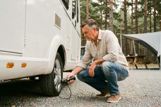 Homme inspectant le dessous d'un camping-car avec un détecteur de trackers GPS lors d'une halte en forêt de pins