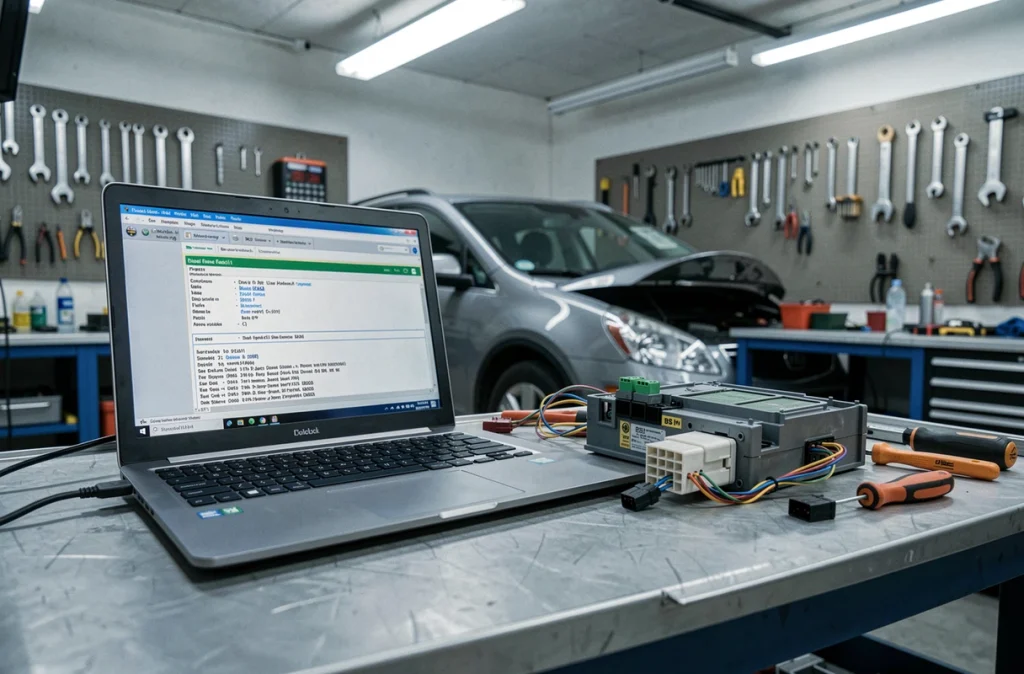 Ordinateur de diagnostic affichant le code erreur diesel 1351 à côté d'un boîtier BSI démonté en atelier
