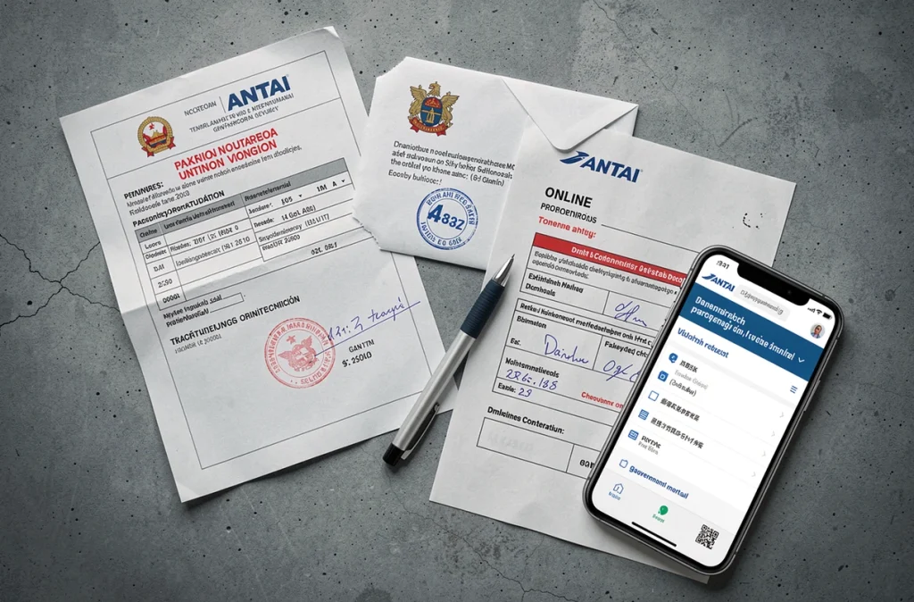 Documents administratifs pour contester une amende de stationnement avec formulaire et enveloppe timbrée
