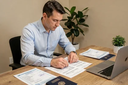 Homme consultant des documents pour immatriculer un véhicule importé à son bureau à domicile