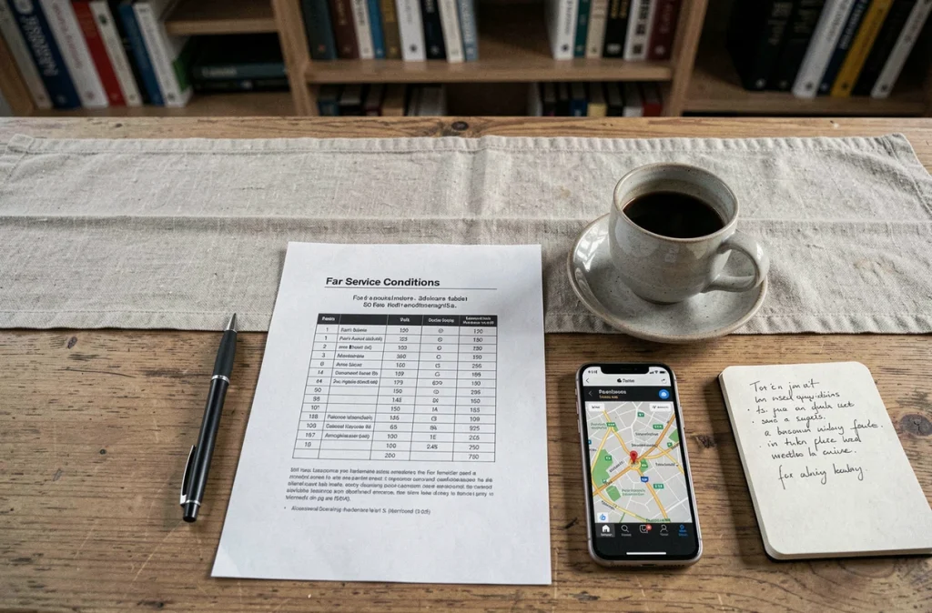Bureau avec documents et tarifs Mober Paris, smartphone et notes pour se lancer comme chauffeur en 2026
